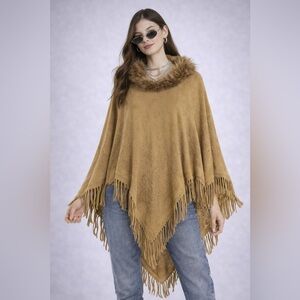 Camel Faux Fur Trim Poncho Cape Women’s One Size Fringe Hem Boho Y2K Style